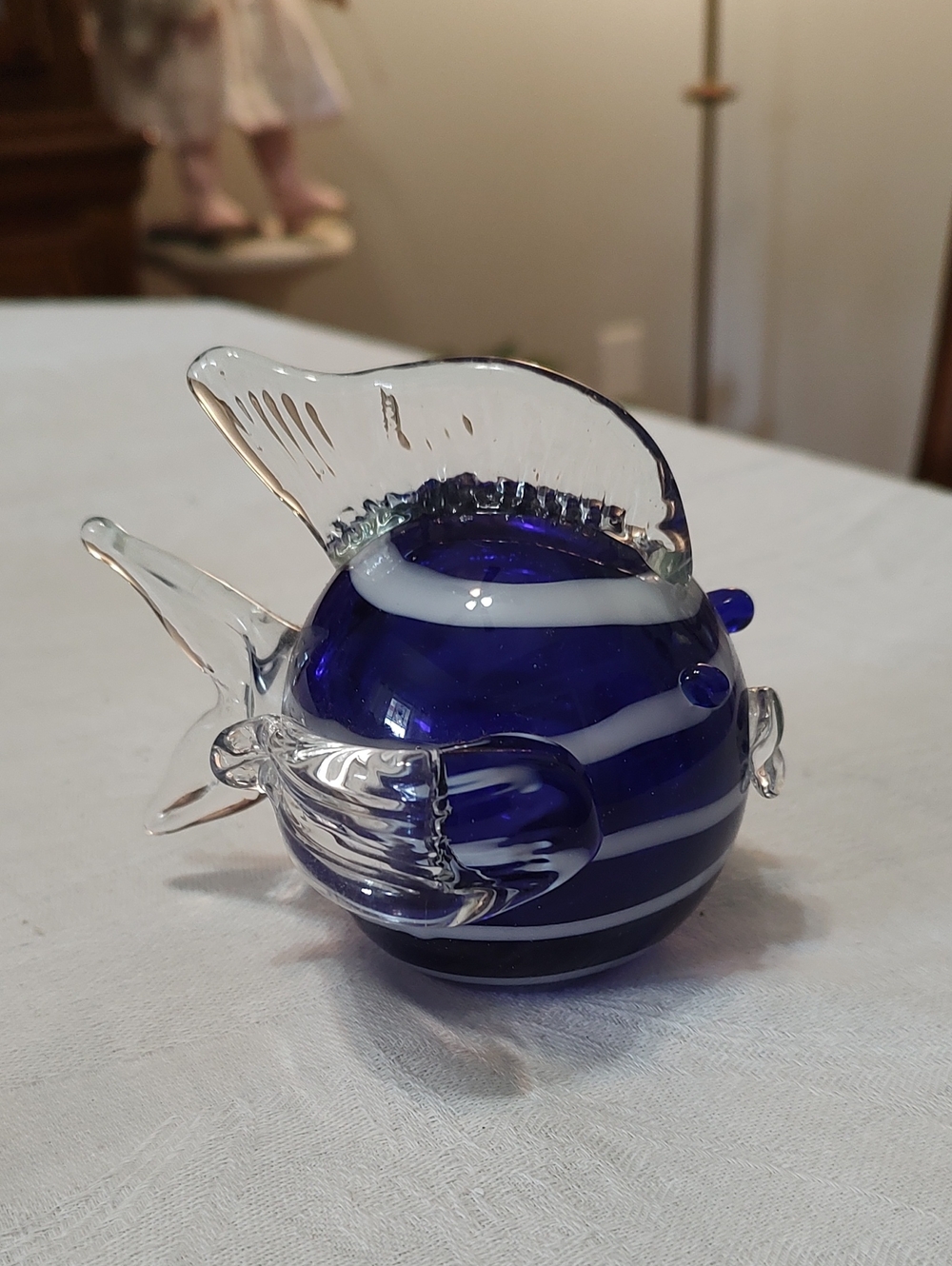 Handblown Cobalt Blue Striped Glass Fish  Paperweight